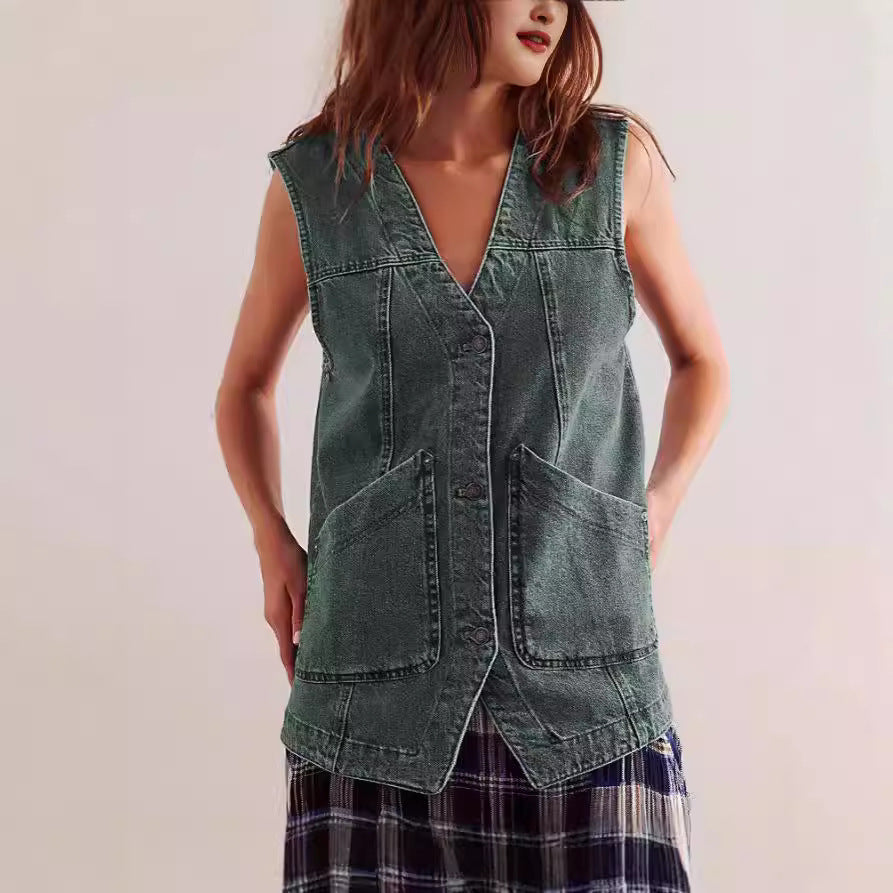 Damen Denim-Latzjacke mit praktischen Taschen und modischem V-Ausschnitt Drune