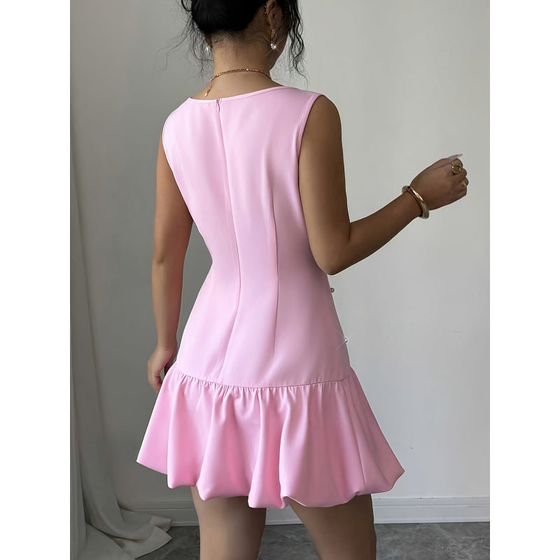 Damen Minikleid mit Perlenapplikationen und Rüschensaum Drune