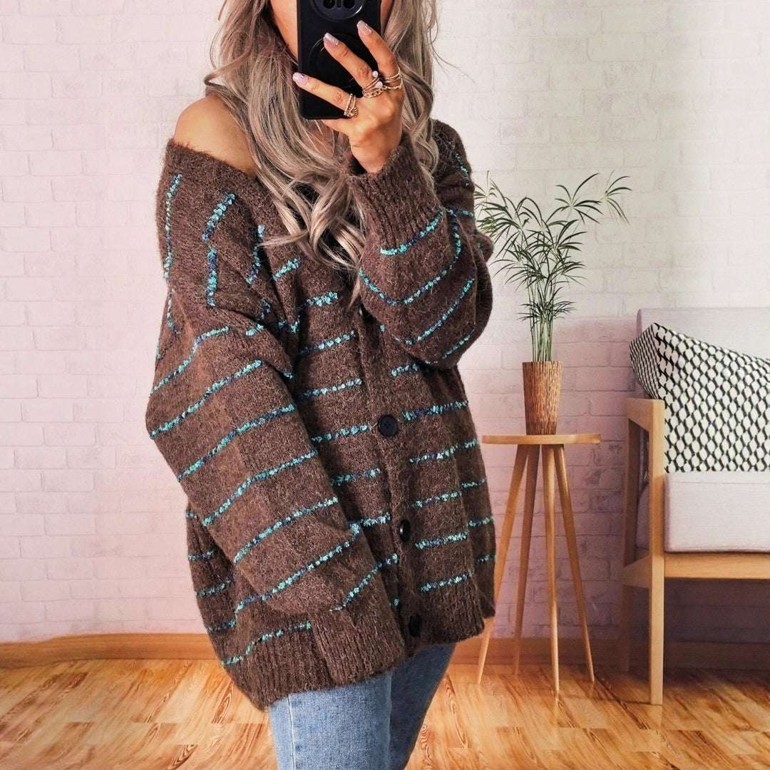Damen kuschelige Strickjacke mit kontrastierenden Streifen Drune