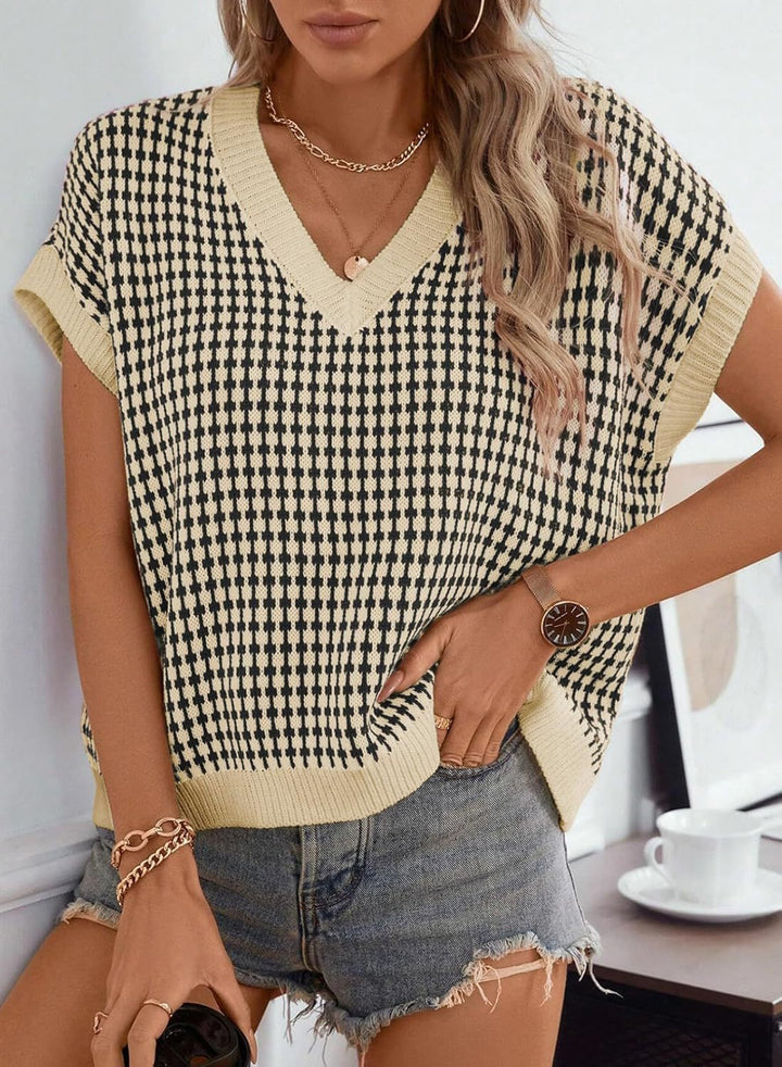 Damen Viskose Stricktop mit modernem Karomuster und V-Ausschnitt Drune