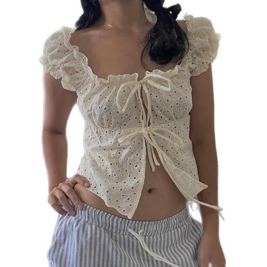 Damen Rüschenshirt mit tiefer Taille und Bindebändern Drune