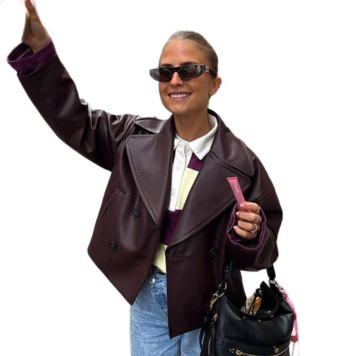 Damen modische Kunstlederjacke mit doppelter Knopfleiste Drune