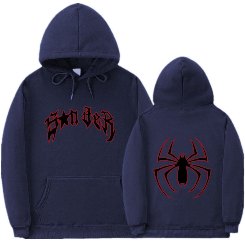 Damen Kapuzenpullover mit auffälligem Spinnenmotiv und grobem Schriftzug Drune