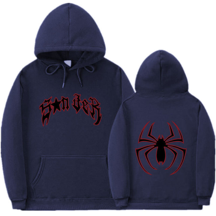 Damen Kapuzenpullover mit auffälligem Spinnenmotiv und grobem Schriftzug Drune