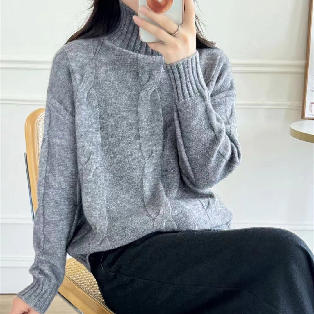 Damen Strickpullover mit hohem Kragen und Zopfmuster Drune