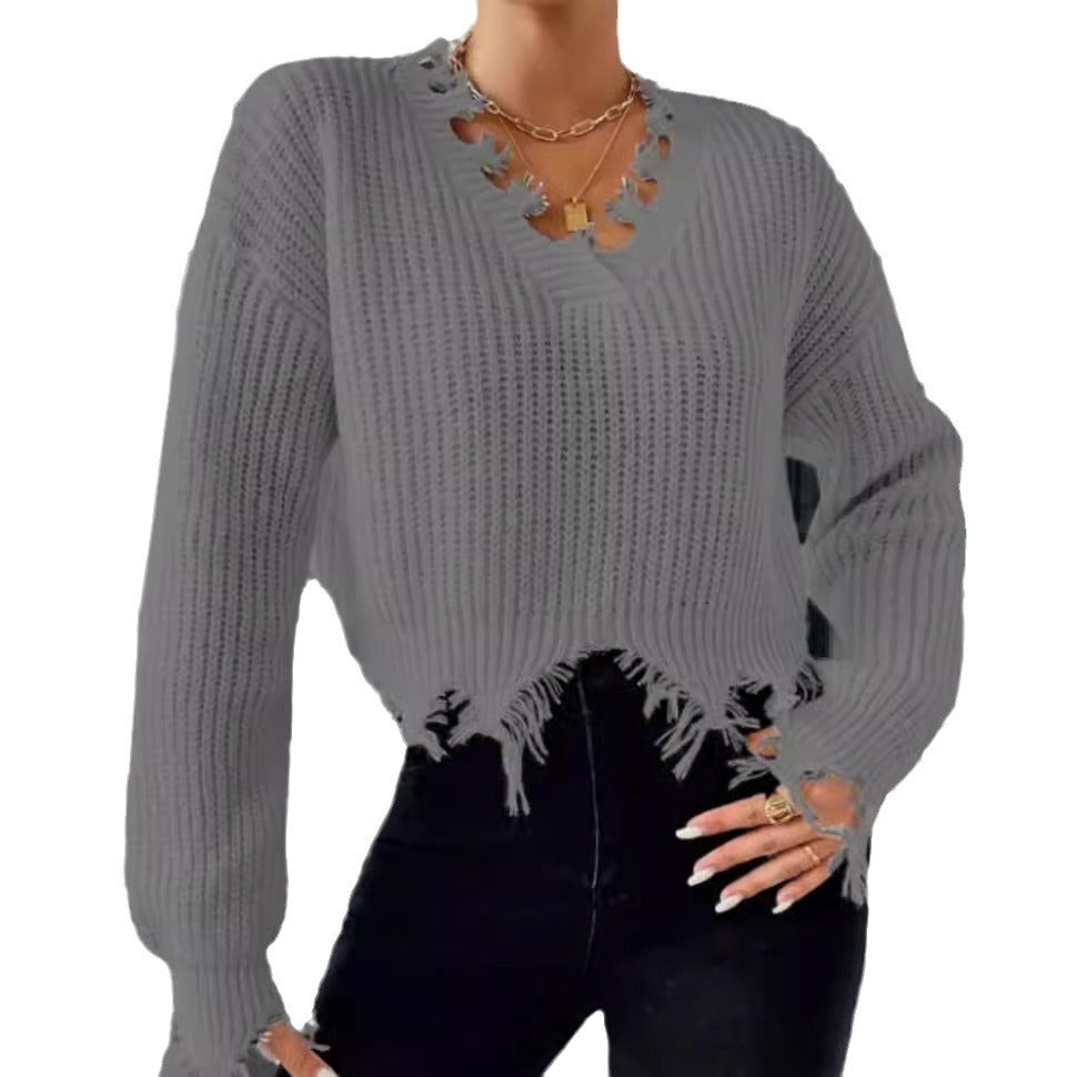 Damen Oversized Strickpullover mit fransigem Saum und raffiniertem Ausschnitt Drune