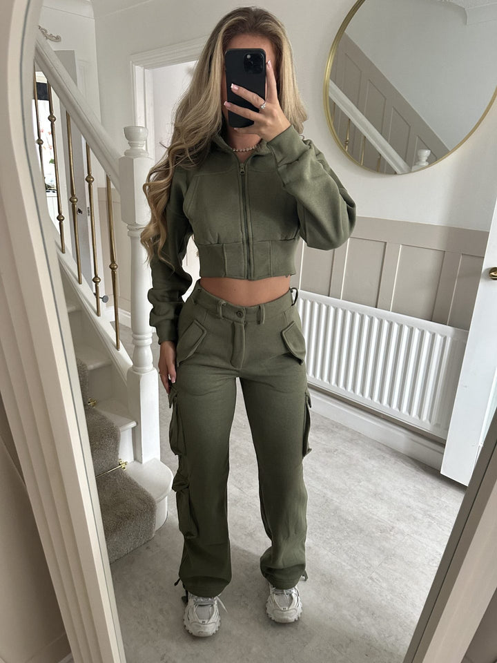 Damen modisches Cropped Jacken- und Cargo-Hosen-Set Drune