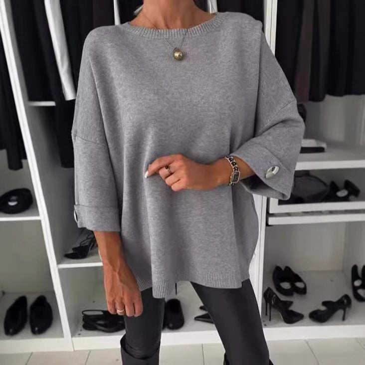 Damen Eleganter Strickpullover mit weit geschnittenen Ärmeln und Knopfdetails Drune