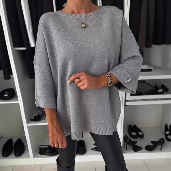 Damen Eleganter Strickpullover mit weit geschnittenen Ärmeln und Knopfdetails Drune