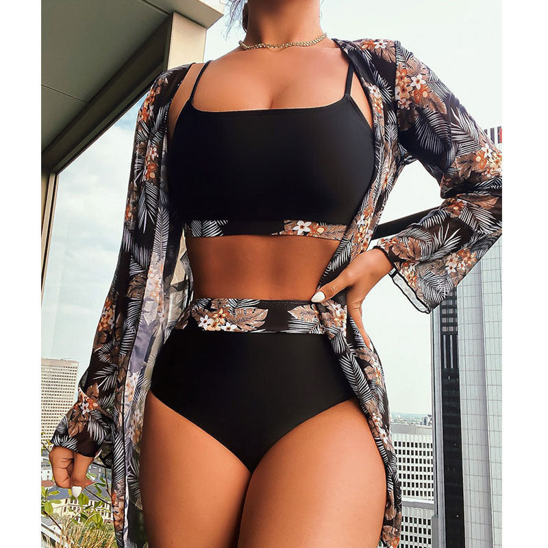 Damen Bikiniset mit floralem Kimono und modischen Details Drune