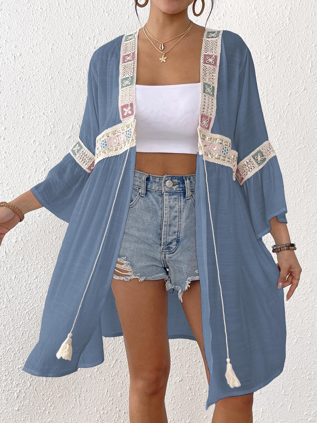 Damen luftiger Strandkimono mit floralen Stickereien Drune