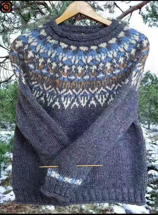 Damen nan melierter Rundhalsausschnittpullover mit kreisförmigem Jacquard-Yoke und geripptem Saum Drune