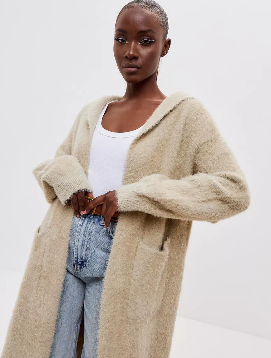 Damen Kapuzen-Strickmantel mit luxuriösem Flauschteil Drune