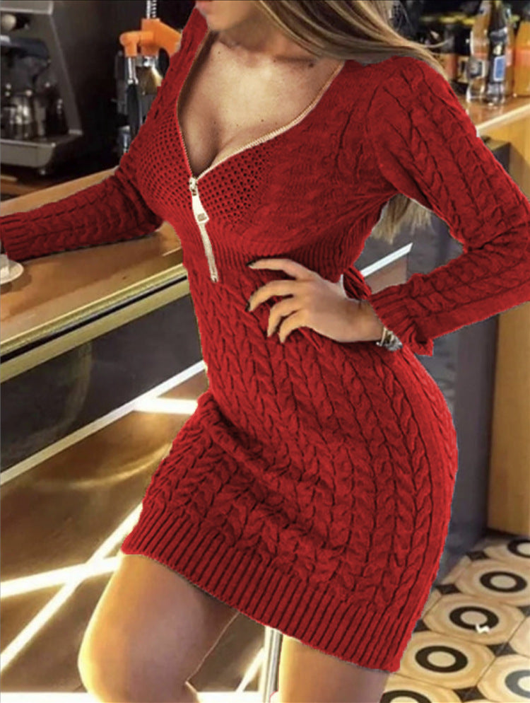 Damen Strickkleid mit Zipper und nostalgischem Rippenmuster Drune