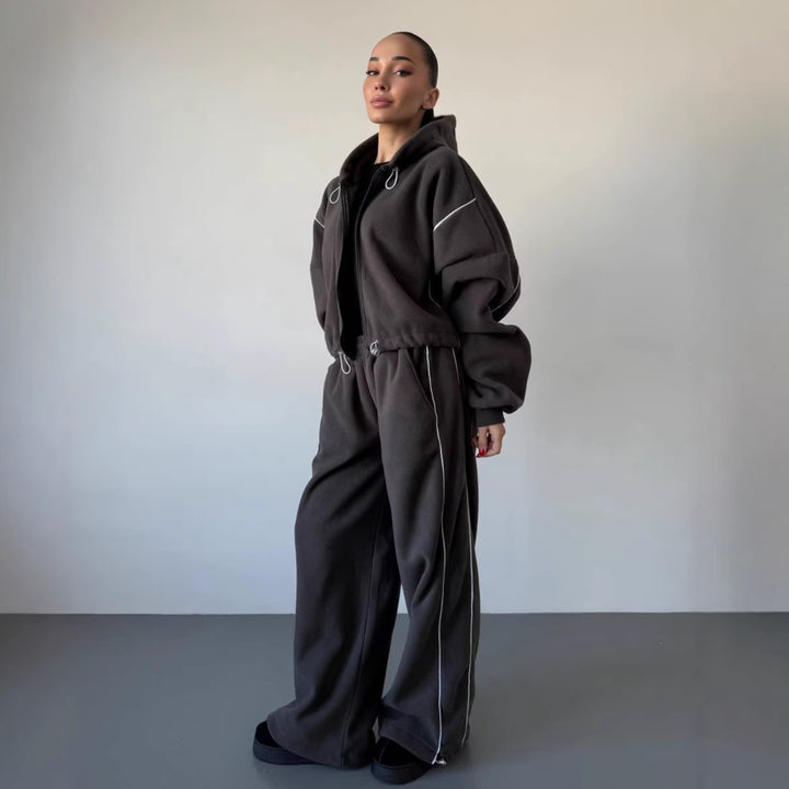 Damen lässiges Fleece-Set mit Kapuze und elastischem Bund Drune