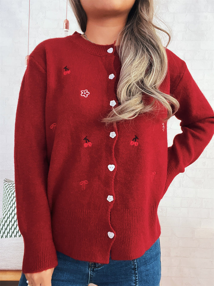 Damen Strickjacke mit liebevollem Blumen- und Kirschdesign Drune
