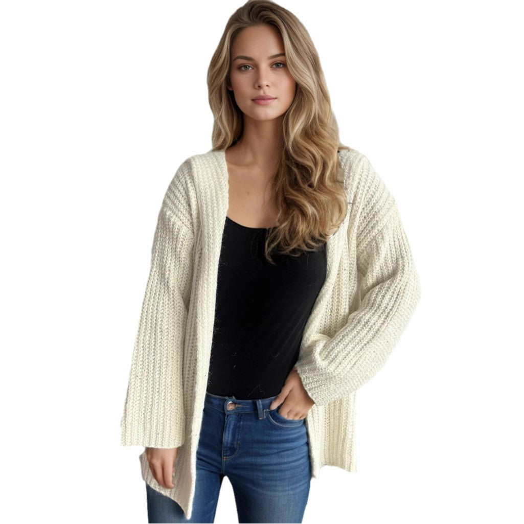 Damen lässige Strickjacke mit offenen Fronten und voluminösen Ärmeln Drune