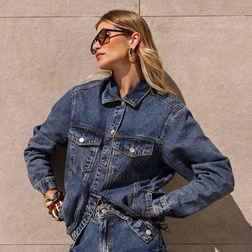 Damen Jeansjacke im Vintage-Stil mit zwei Brusttaschen und knöpfbarem Kragen Drune