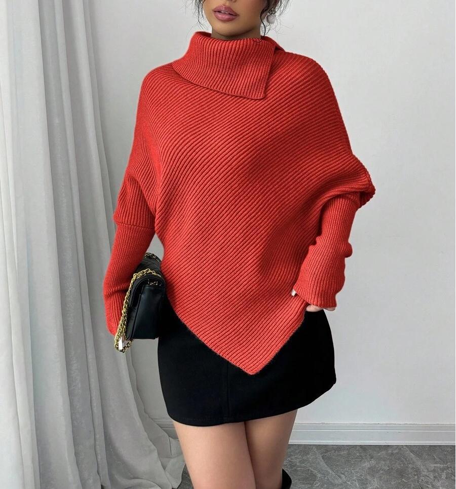 Damen Oversized Strickpullover mit asymmetrischem Saum und hohem Kragen Drune