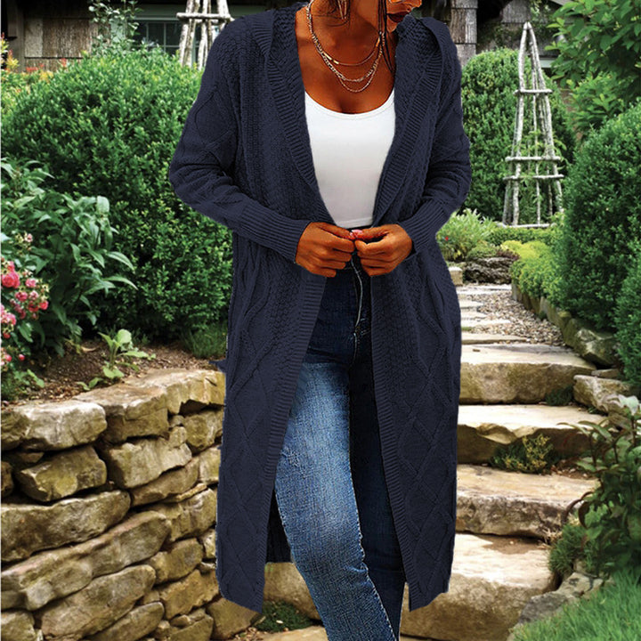 Damen langer Strickcardigan mit Hochkragen und Zopfmuster Drune