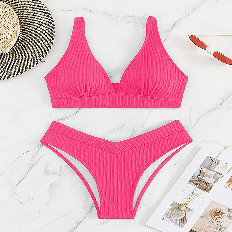 Damen Triangel-Bikini-Set mit hoch geschnittenem Slip und strukturiertem Oberteil Drune