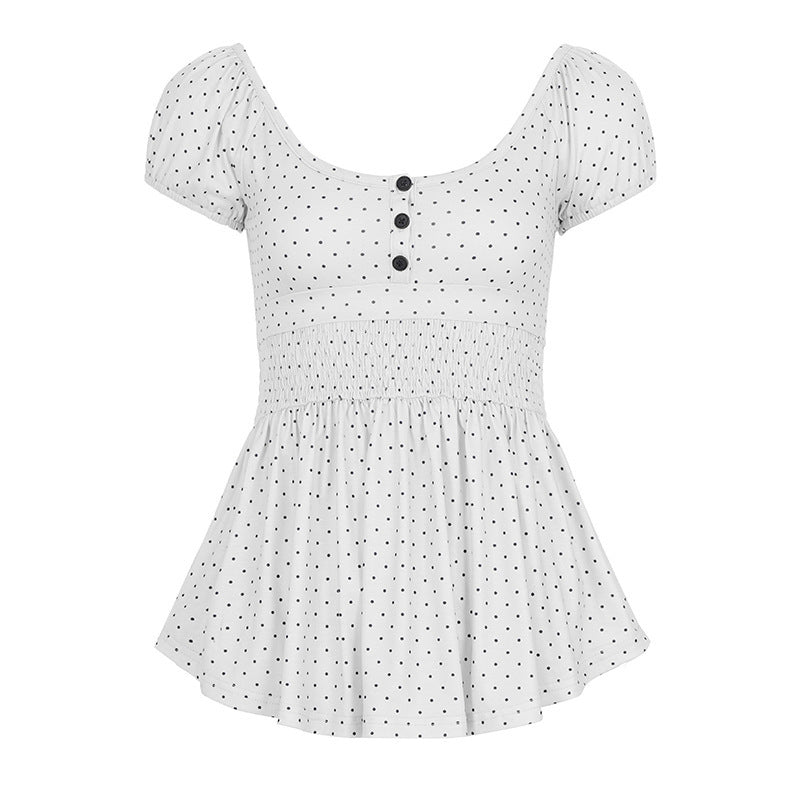 Damen Verspieltes Polka Dots Oberteil mit Rüschen und Knopfleiste Drune
