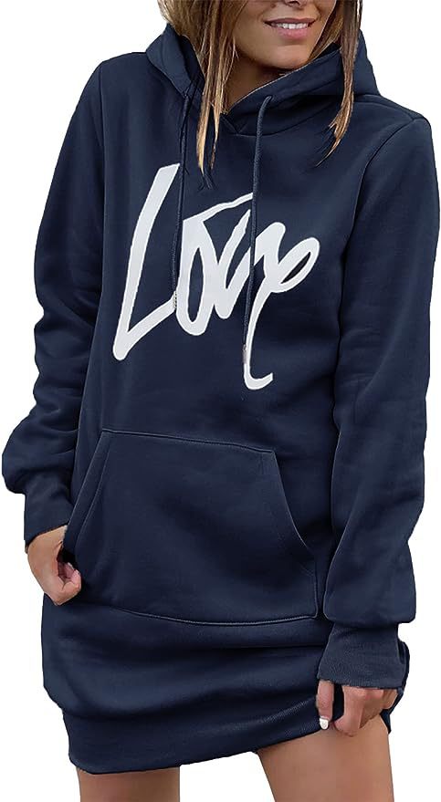 Damen Hoodie-Kleid mit Kängurutasche und auffälligem Schriftzug Drune