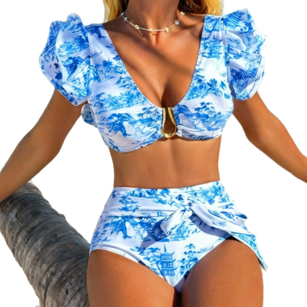 Damen Hochgeschnittener Retro-Bikini-Set mit Volants Drune