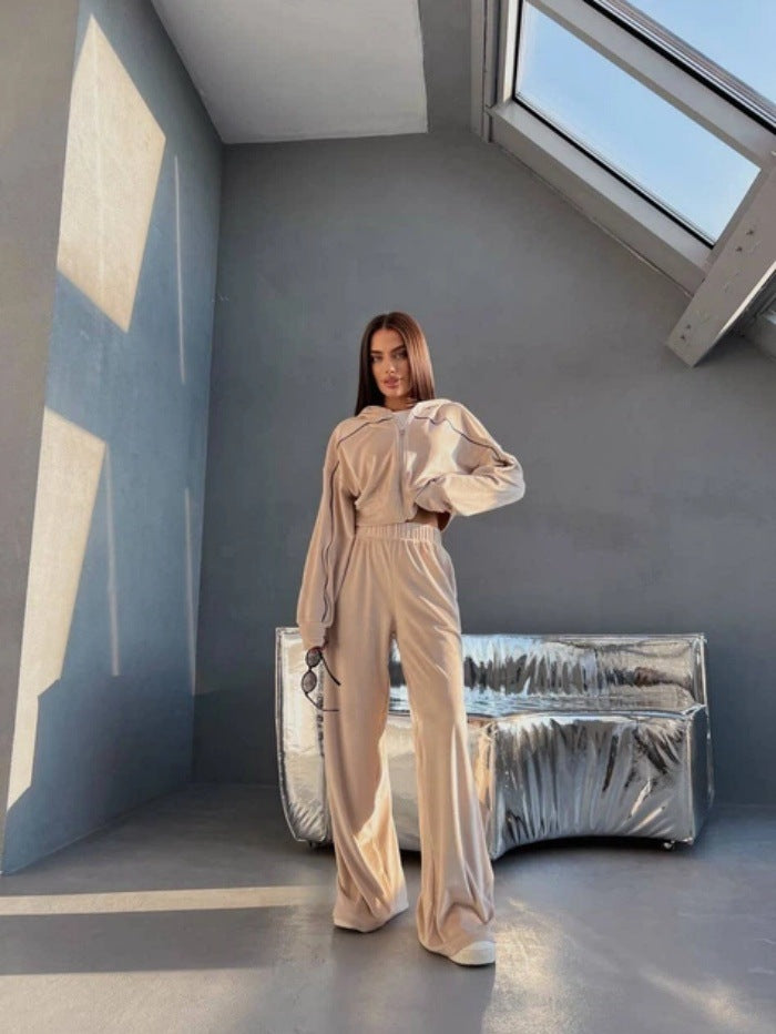 Damen Sportliches Velours-Loungewear-Set mit kurzem Hoodie und weitem Bein Drune