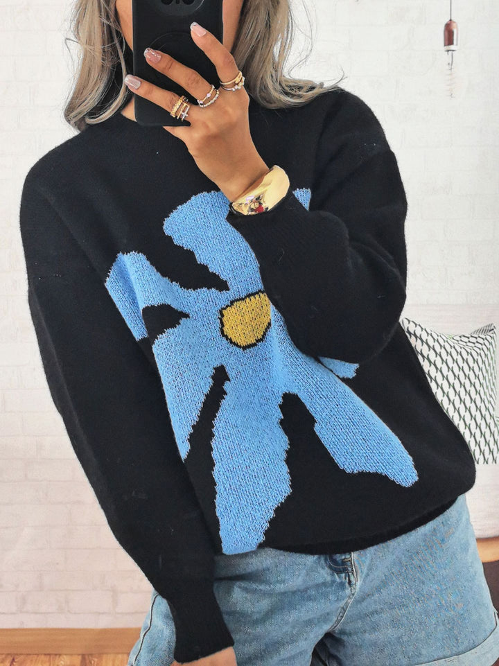 Damen lässiger Strickpullover mit buntem Blumenmotiv und überschnittenen Schultern Drune