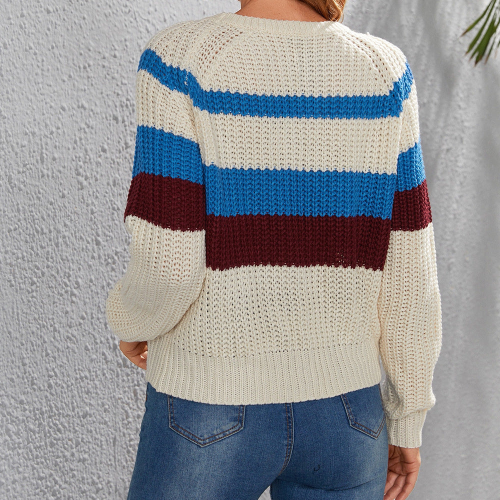 Damen Baumwollpullover mit modernen Blockstreifen und Rundhalsausschnitt Drune