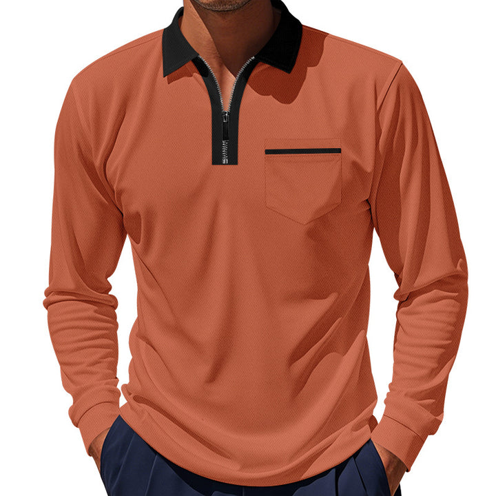 Herren nan langärmeliges Zip-Poloshirt mit Brusttasche und Kontrastkragen Drune
