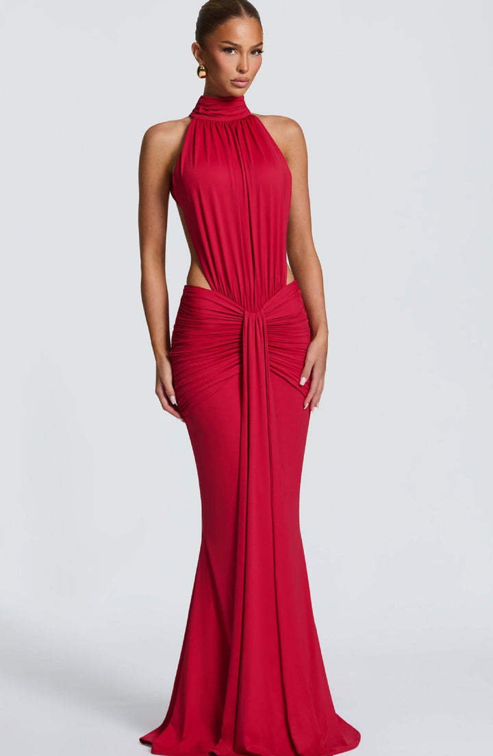 Damen Elegantes Maxikleid mit schickem Halterdesign und raffiniertem Drapierungselement Drune