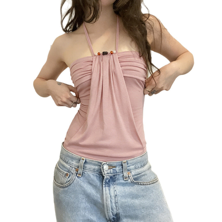 Damen Spaghetti-Trägertop mit eleganter Drapierung und dekorativen Perlen Drune