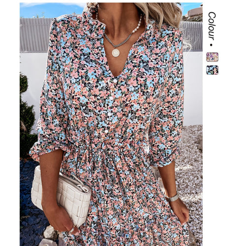 Damen Blumenkleid mit verspielten Rüschendetails und knielangem Schnitt Drune