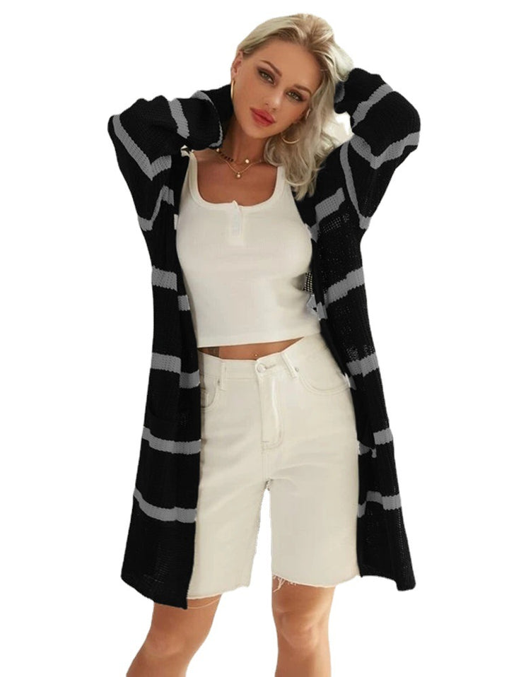 Damen lässige Strickjacke mit gestreiftem Design und offenem Schnitt Drune