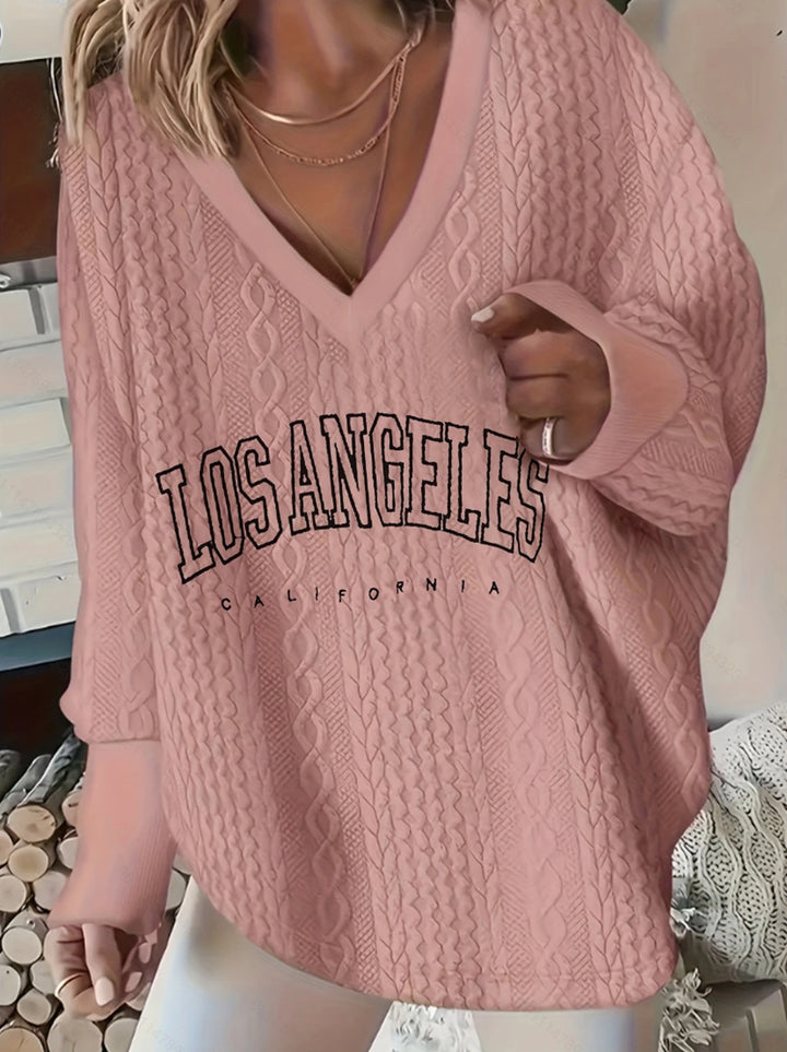Damen lässiger V-Ausschnitt Pullover mit Zopfmuster Drune