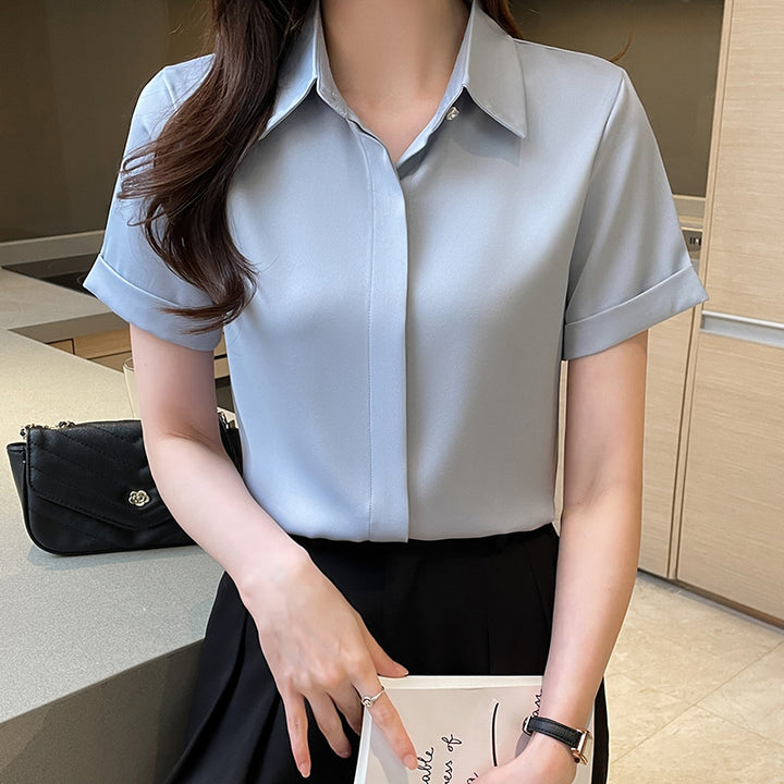 Damen Kurzarm Bluse aus satinierter Baumwolle mit eleganter Knopfleiste Drune