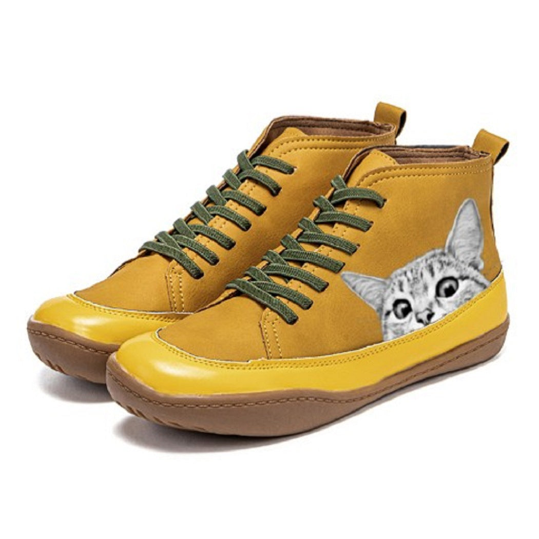 Damen nan knöchelhohe Sneaker mit niedlichem Katzenmotiv Stickerei und ergonomischem Komfortfußbett Drune
