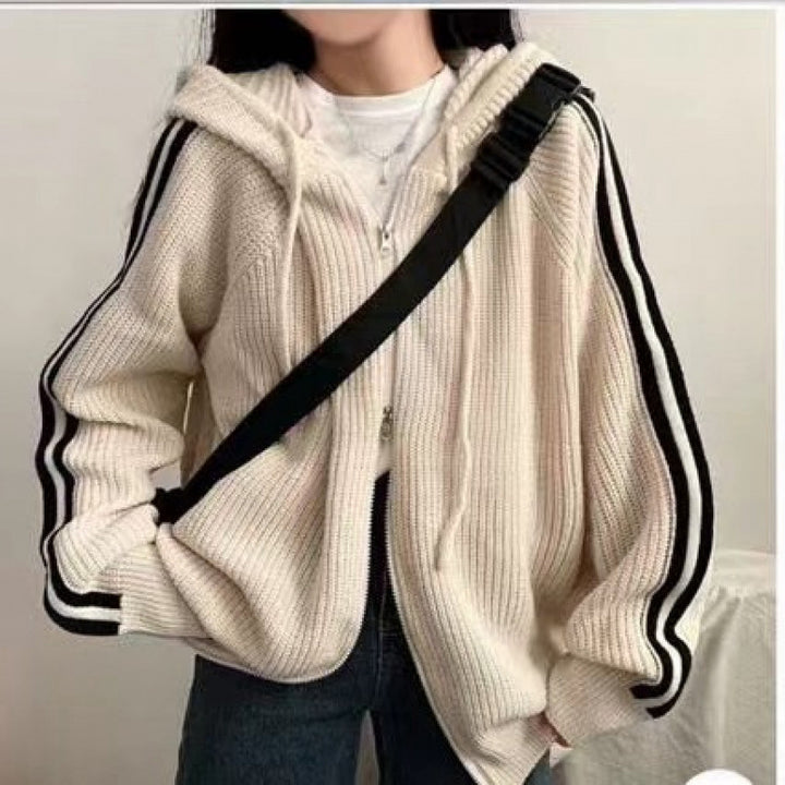 Damen lässiger Strickhoodie mit tiefem V-Ausschnitt und seitlichen Streifen Drune