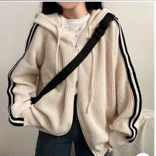 Damen lässiger Strickhoodie mit tiefem V-Ausschnitt und seitlichen Streifen Drune