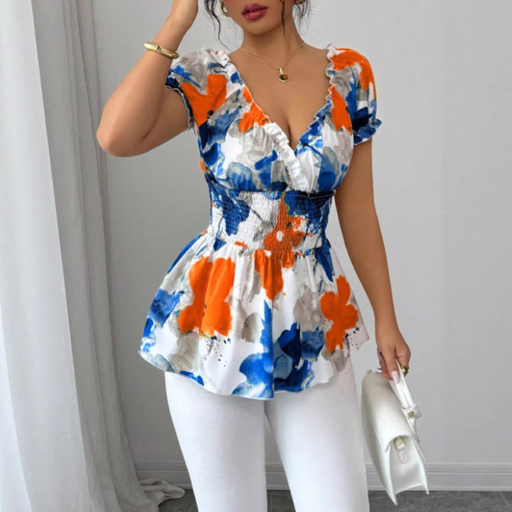 Damen Bluse mit floralen Rüschen und elastischem Taillenbund Drune