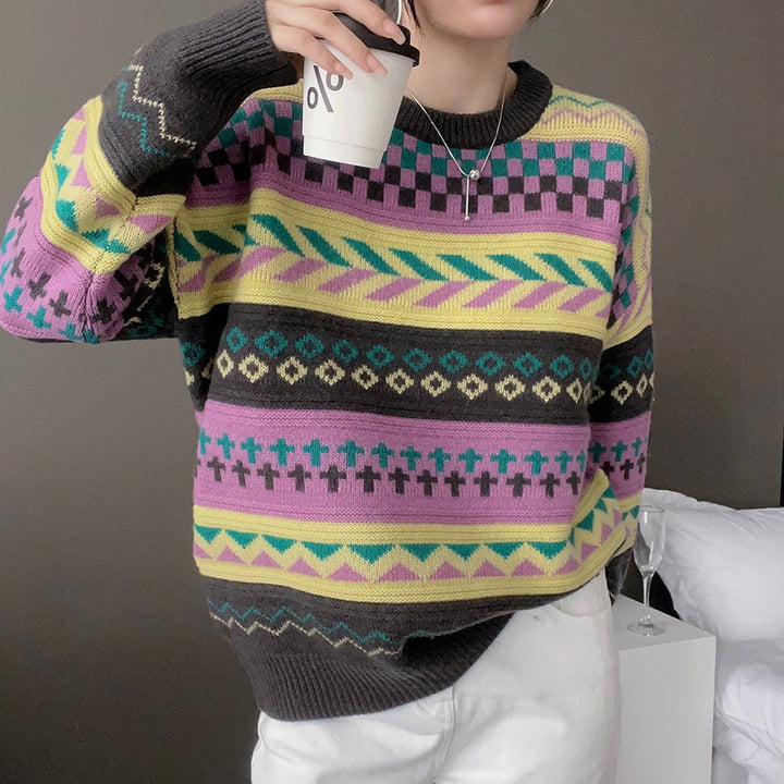 Damen gemütlicher Strickpullover im kreativen Musterdesign Drune