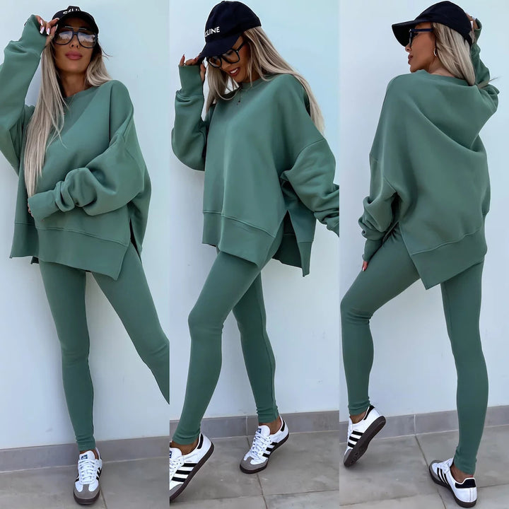 Damen nan Oversize Sweatshirt mit taillierten Rib-Leggings Set Drune
