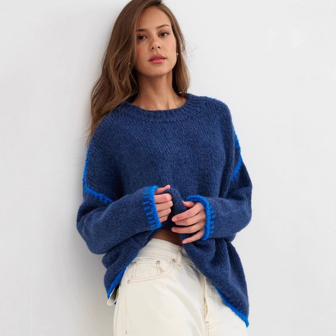 Damen lässiger Strickpullover mit farblich akzentuiertem Saum Drune