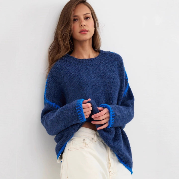 Damen lässiger Strickpullover mit farblich akzentuiertem Saum Drune