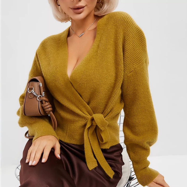 Damen Wickel-Strickjacke mit tiefem V-Ausschnitt und Bindegürtel Drune