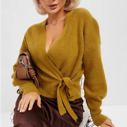 Damen Wickel-Strickjacke mit tiefem V-Ausschnitt und Bindegürtel Drune
