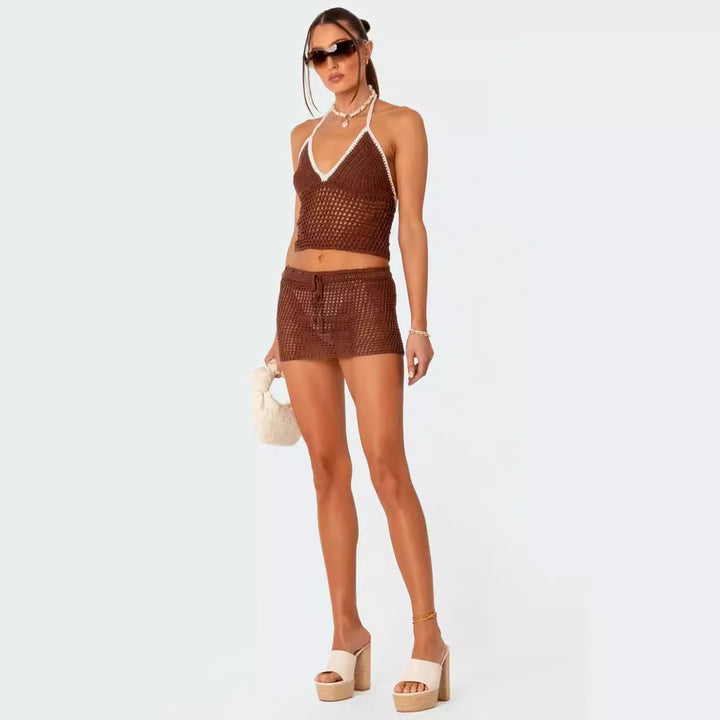 Damen gehäkeltes Strand-Outfit mit verstellbarem Oberteil und Shorts Drune