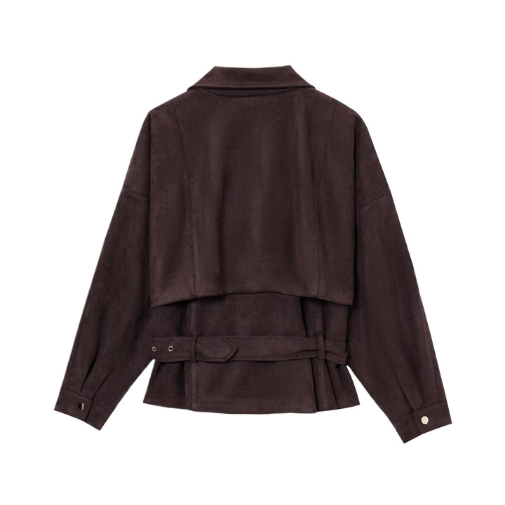 Damen modische Wildlederjacke mit Taillengürtel und asymmetrischem Reißverschluss Drune